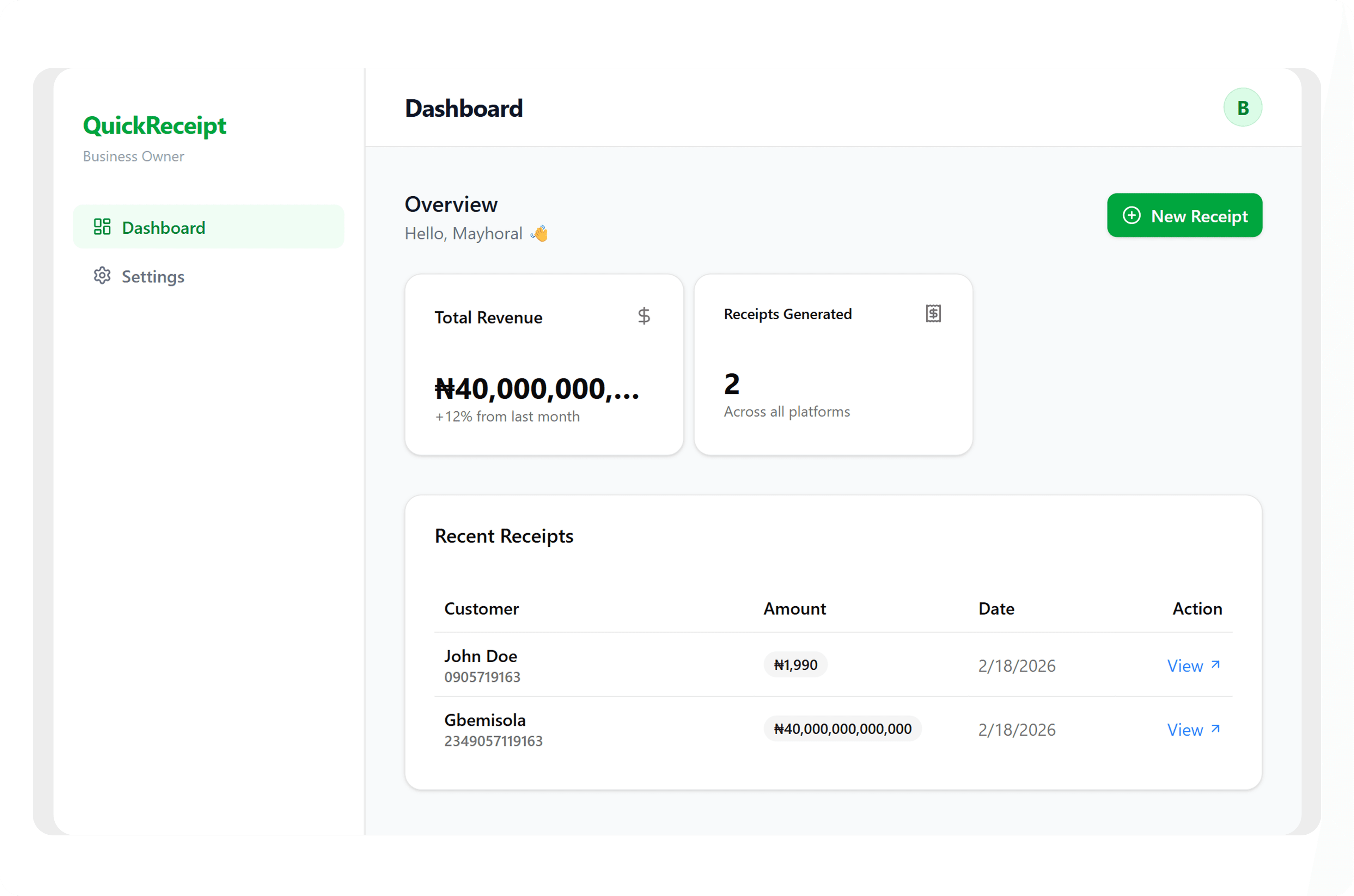 QuickReceipt Dashboard